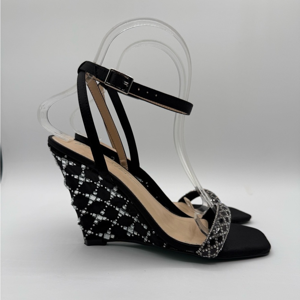 Betsey Johnson Talya Elegant Black Rhinestone Wedge Sandals Sparkly Ankle Strap - Picture 13 of 17